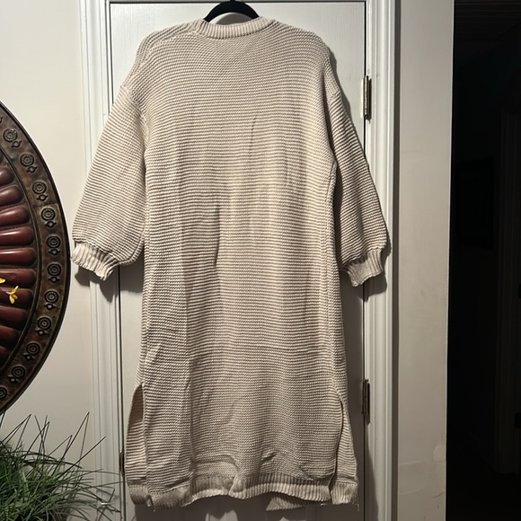 🍂New Khaki Solid Knit Longline Open Front Bishop Sleeve Split Hem Cardigan Med - Picture 11 of 16